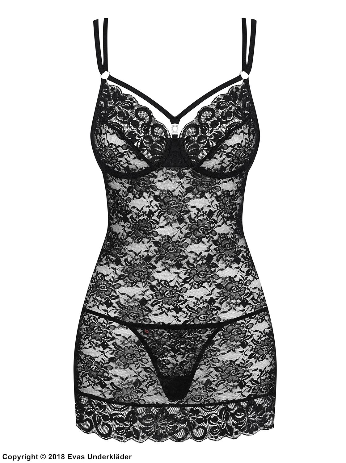 Skin-tight chemise, rhinestones, straps over bust, floral lace
